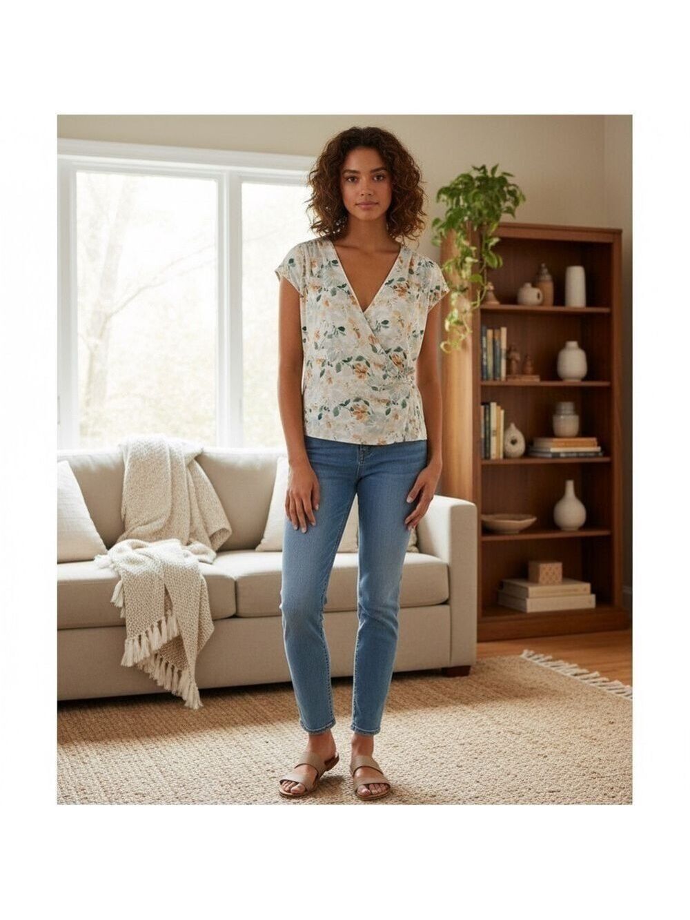 RW&Co. Floral wrap short sleeve blouse size XL